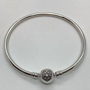 Pandora Sterling Silver & CZ Heart Clasp Bangle Limited Edition 7.3” C | 2.2” D